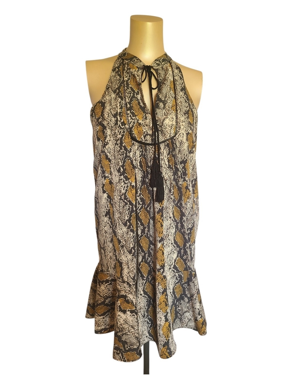 Deja Vu Snakeskin Python Print Halter Mini Dress Large Flounce Hem